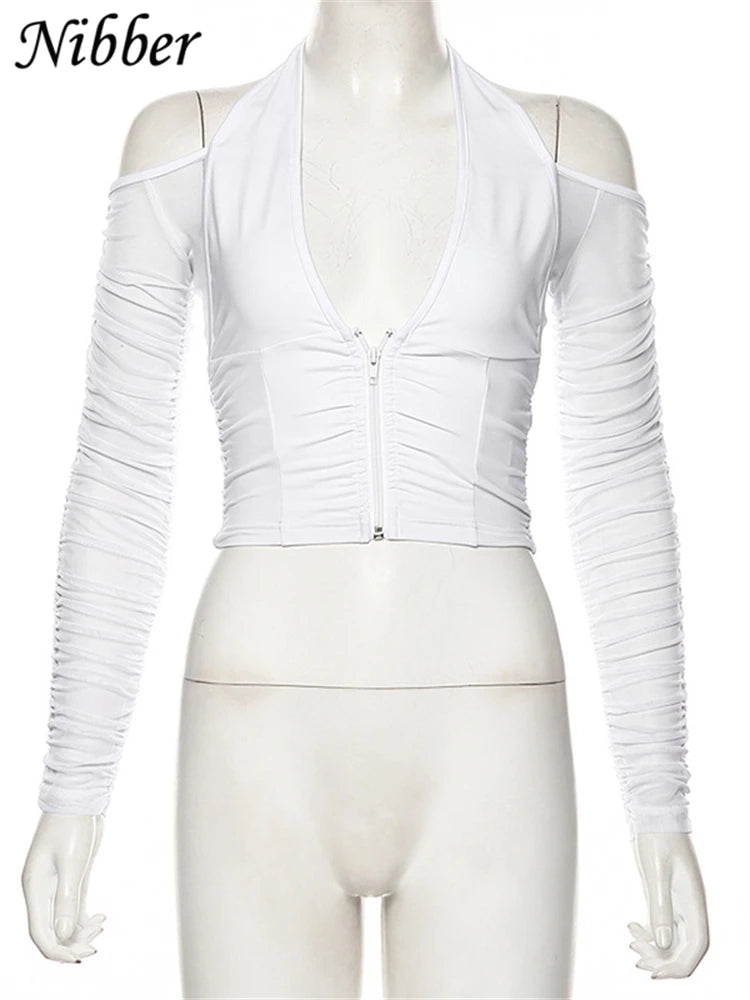 NIBBER Elegant Sexy V-neck Mesh Tops Summer Women's See through Off Strapless Sleeve Crop Top 2021 Club Party Tee shirts Mujer Aviola