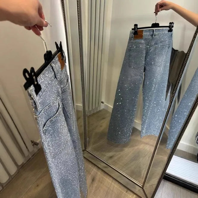 Denim Pant Women Mom Jeans Long Pants Hot Drilling Slim Fit High Waist Straight Trousers Y2k Streetwear Splice Club Party 2025 Aviola
