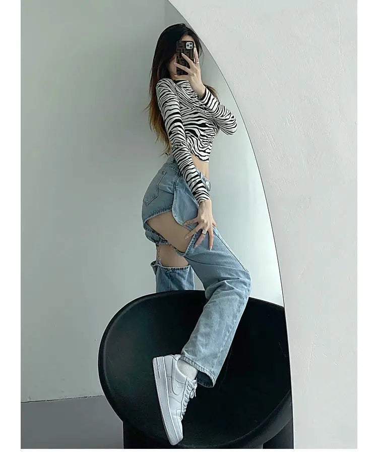 Denim Pant Women Jeans Wide Leg Long Pants Hole Two Fakes High Waist Straight Trousers Y2k Streetwear Elegant Work Summer Aviola