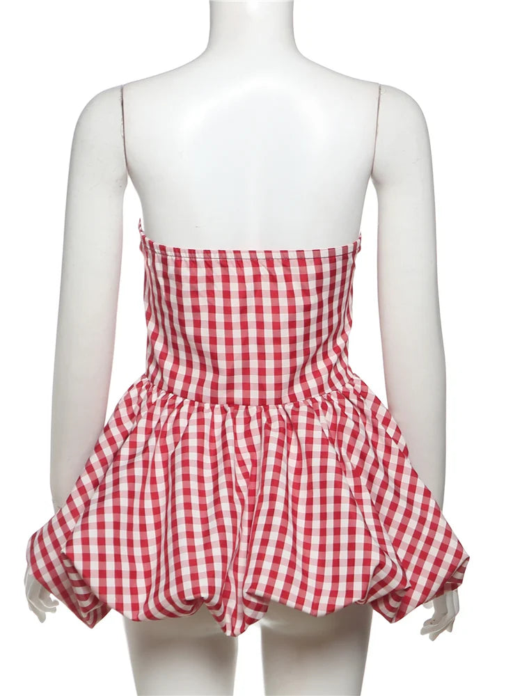 Nibber Red And White Checkered Print Chest Wrap Pleated Fluffy Hem Sleeveless Backless Vacation Versatile Beach Party Trend Tops Aviola