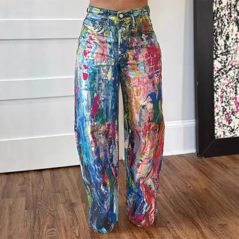 Denim Pant Women Jeans Wide Leg Long Pants Print High Waist Straight Trousers Y2k Streetwear Gothic Elegant Splice Work Casual Aviola