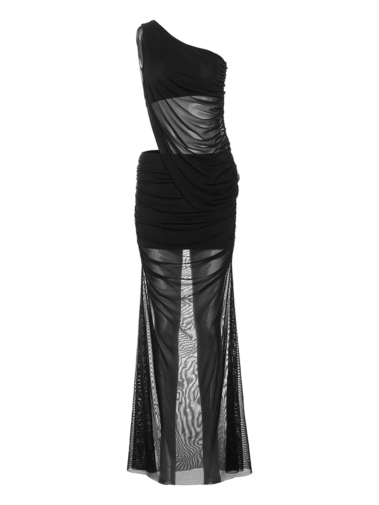 Nibber See Through Irregular 2 Piece Set Women Double Deck Diagonal Collar Tank Top+Ruched Maxi Skirts Matching Club Outfits Aviola