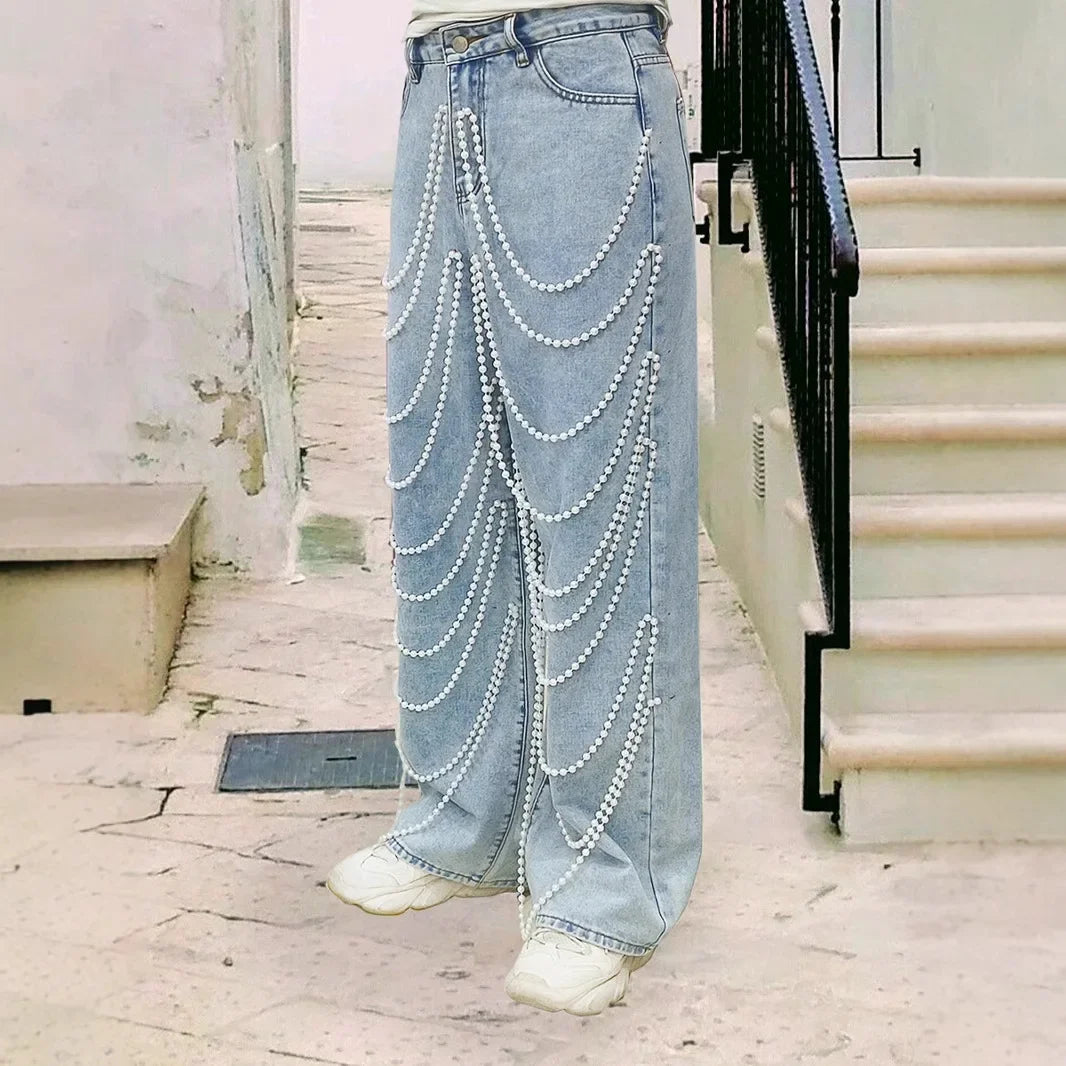 Straight Pants Women Jeans High Waist Beading Washed Distressed Vintage Mom Pockets Button 2025 Streetwear Y2k Denim Trousers Aviola