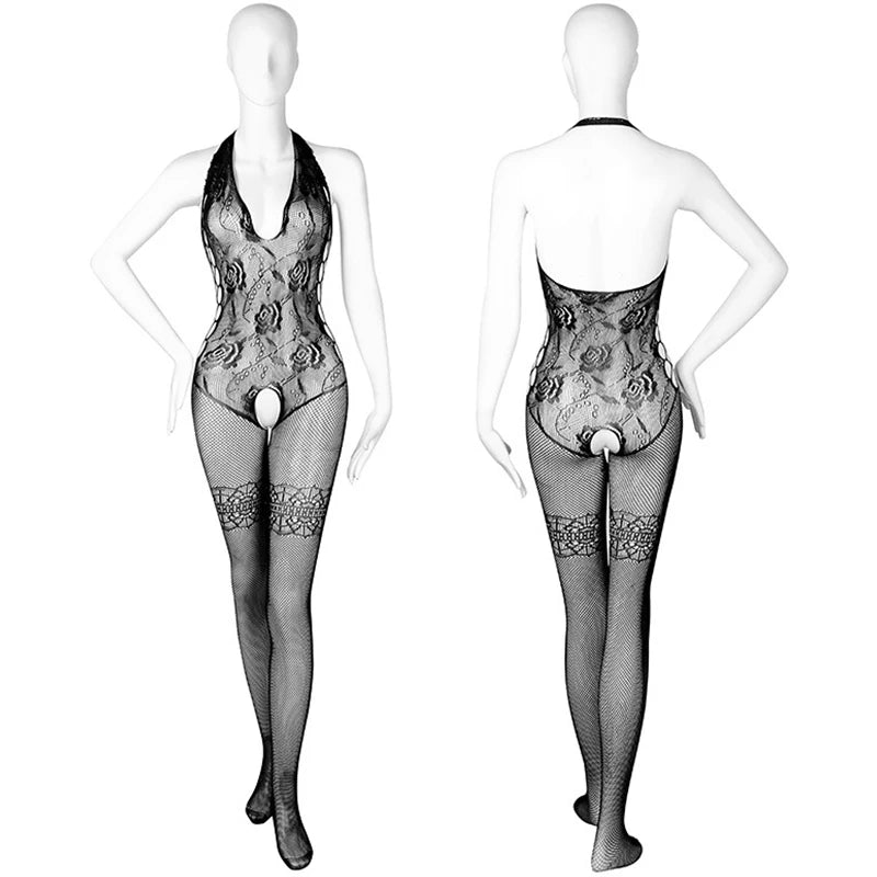 Erotic Crotchless Lingerie For Women Mesh Translucent Bra Set Lace Floral Print Bodysuit Fishnet Sexy Hollow Out Underwear Set Aviola