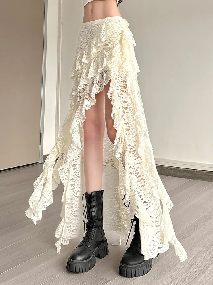 Nibber Tassels Women Skirts Irregular Hem Multi-Layered Ruffles Lace Patchwork Sweet Summer Trend Daily Skinny Versatile Bottoms Aviola