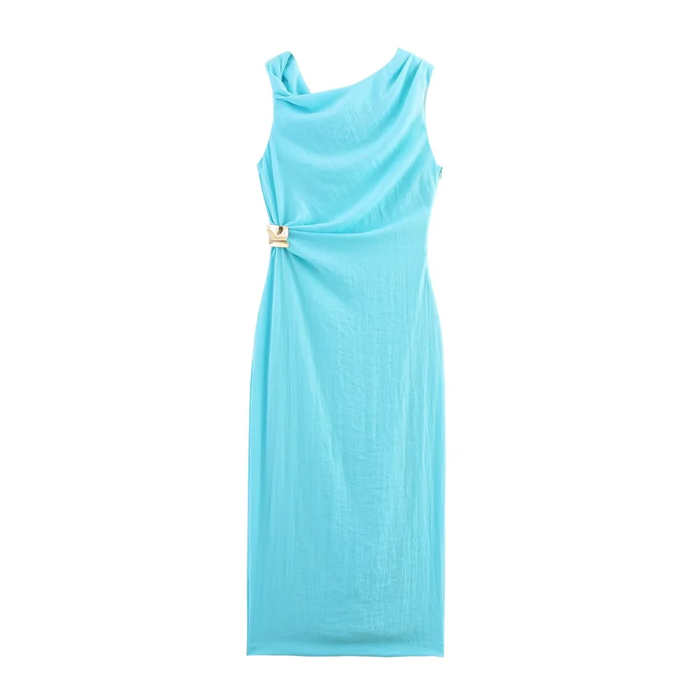 BM&MD&ZA2025Fashionable and versatile gold-decorated asymmetrical off-shoulder sexy waist dress long skirt Aviola
