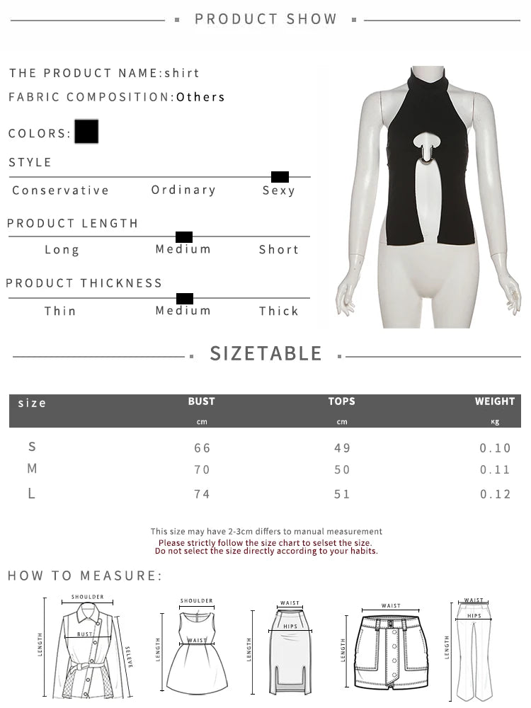 Nibber u-Shaped Metal Ring Tops Women Splits o-Neck Backless Sleeveless Coquette Buttons Halter Sexy Hottie Midnight Clothes Aviola