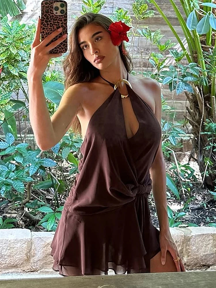 Nibber Metal Rings Dress Women Halter v-Neck Bandage Backless Sleeveless Folds Street Sexy Midnight Hottie Party Mini Bodycon Aviola