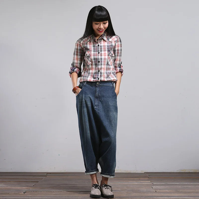 Harem Denim Pants Women Vintage Jeans Spliced Pockets Streetwear Loose Jean Washed Zipper Fly Distressed Ankle Length 2024 Aviola