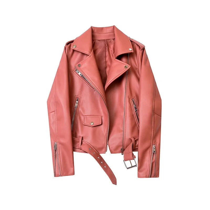 2025 New Spring Autumn Women Blue Faux Leather Jacket Ladies Solid With Belt Zipper Biker Coat Female Casual Outwear Veste Femme Aviola