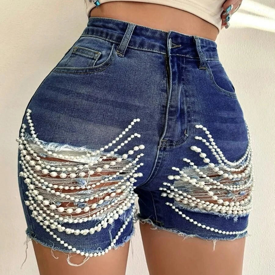 Denim Shorts Women Hole Jeans Ripped Pearl Chain Pockets Sexy Mom Vintgae Party Short Pants High Waist Denims Streetwear 2025 Aviola
