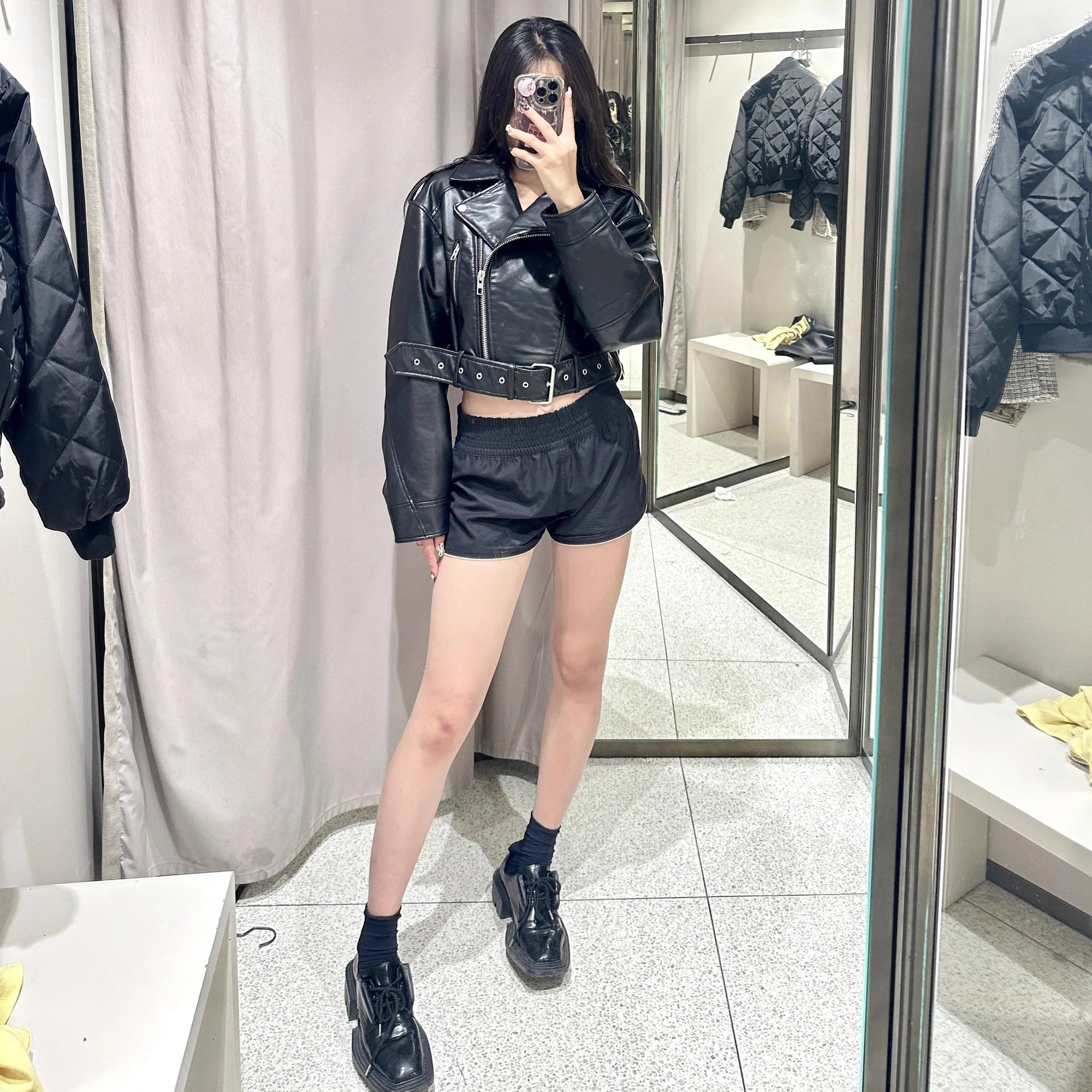 2025 New Coal graysty le Women's washed leather jacket with belt, short coat with downgraded zipper and vintage lapel jacket Aviola