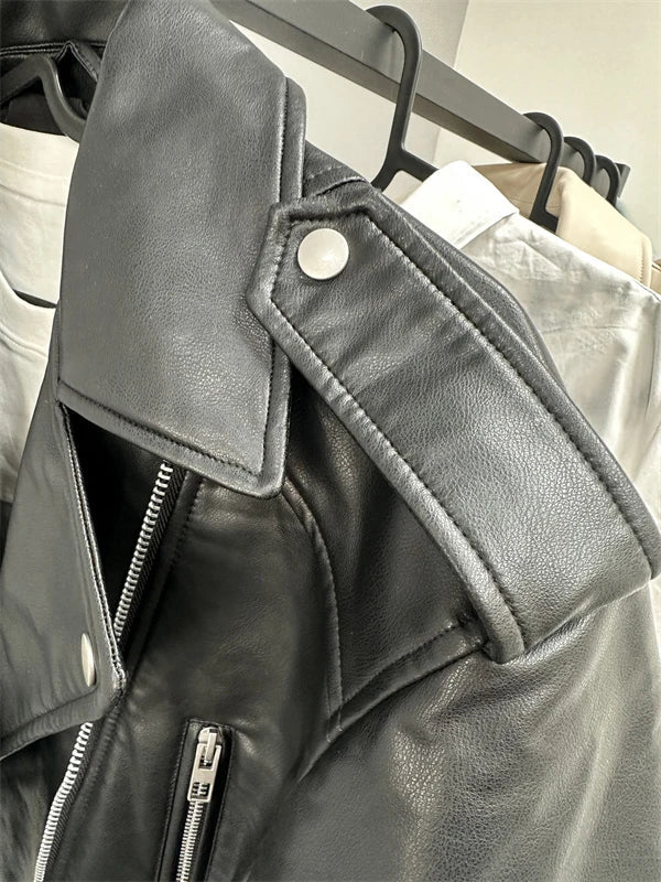 2024 RARF Women's washed leather jacket with belt, short coat with downgraded zipper and vintage lapel, e jacket Aviola