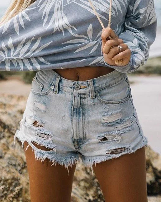Ripped Women Denim Shorts Jean High Waist Skinny Washed Jeans Pockets Solid Hole 2025 Summer Distressed Tassel Vintage Aviola