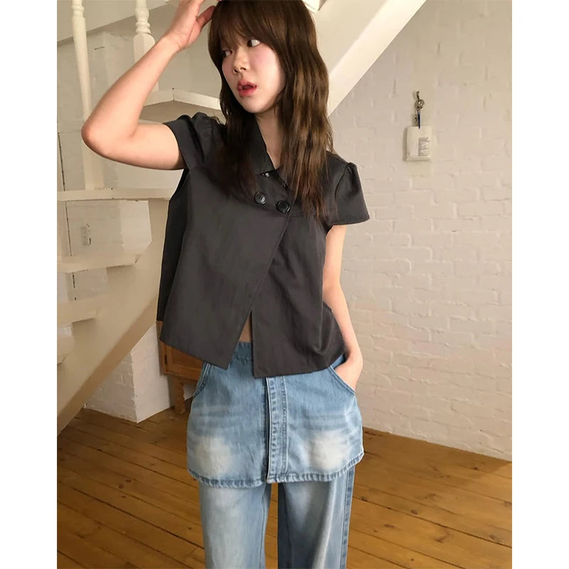 MEXZT Vintage Black Shirts Women Japanese Harajuku White Cropped Puff Short Sleeve Blouses Summer Korean Casual Design Tops New Aviola