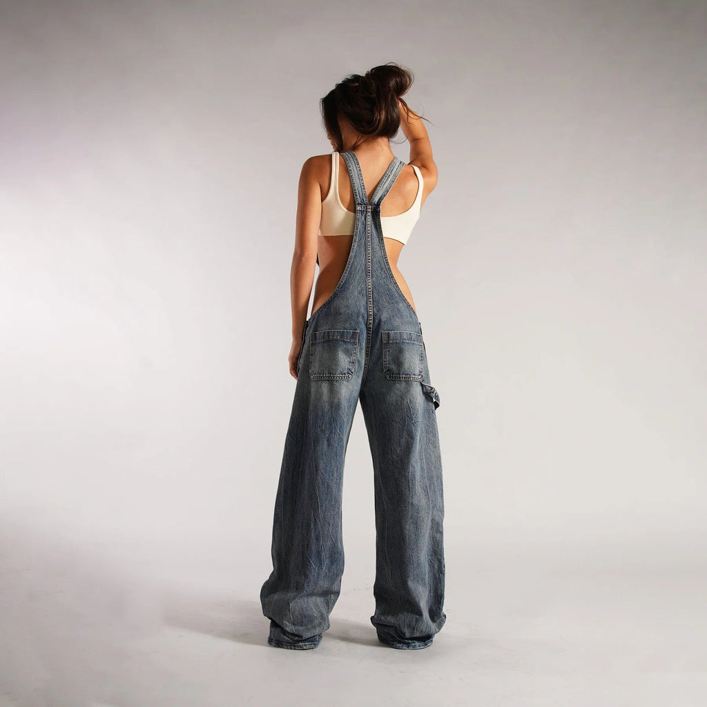 Jumpsuits Women Jeans Overalls Sexy Backless Vintage Full Length Denim Straight Pants Loose Pockets Distressed Washed Casual Aviola
