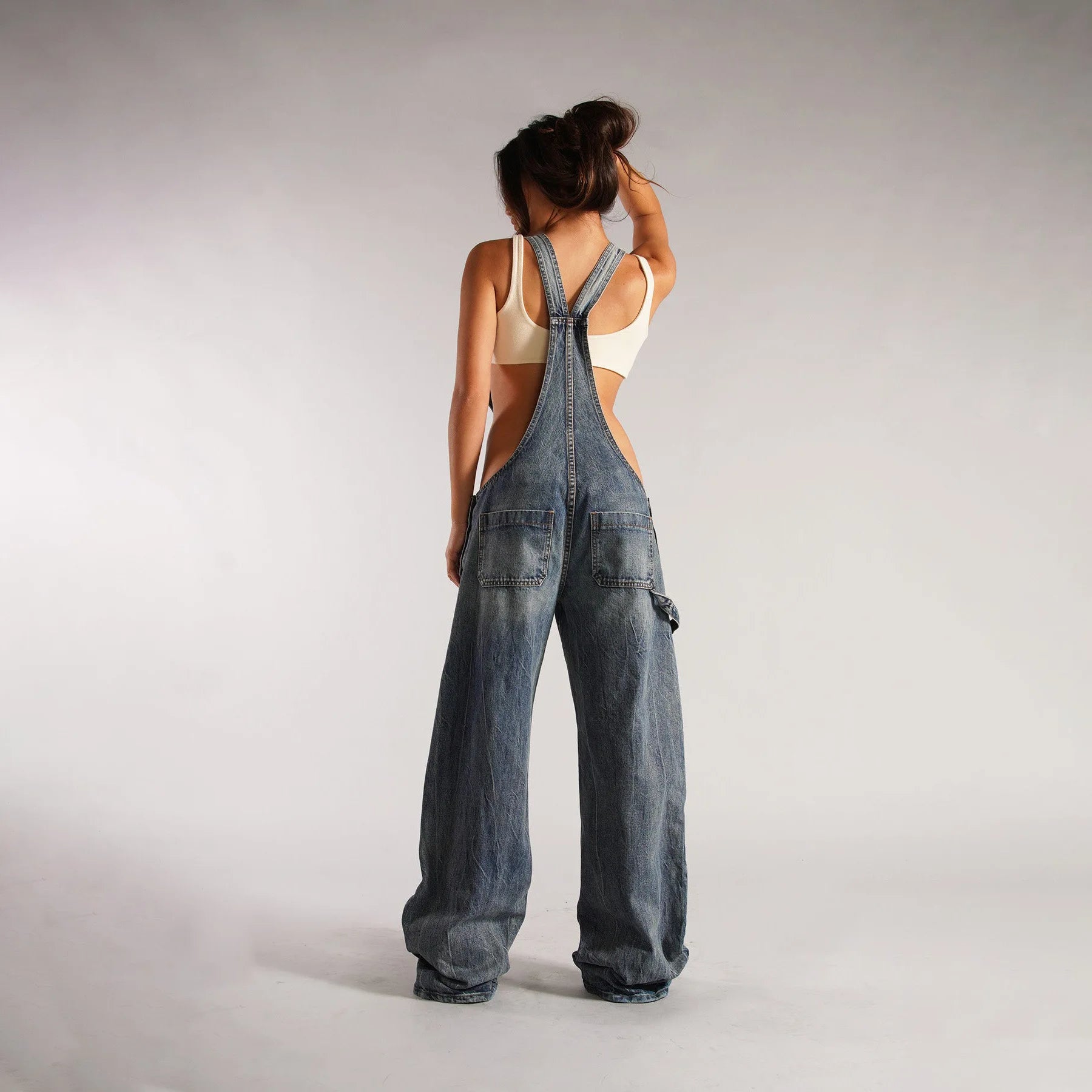 Jumpsuits Women Jeans Overalls Sexy Backless Vintage Full Length Denim Straight Pants Loose Pockets Distressed Washed Casual Aviola