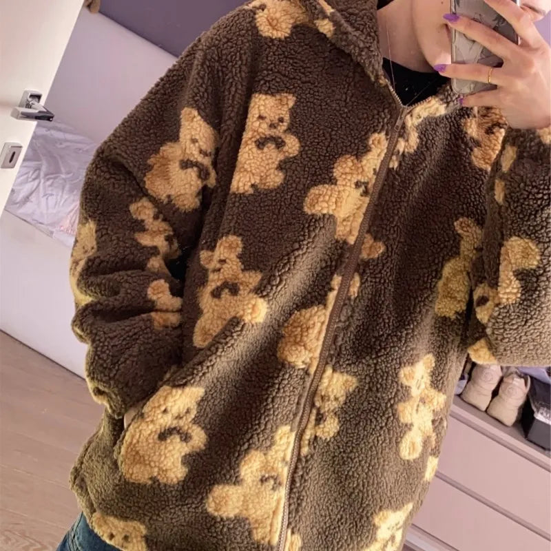 Y2K imitation lamb plush women's cotton jacket, little bear couple loose and lazy style, winter thick hooded jacket Aviola