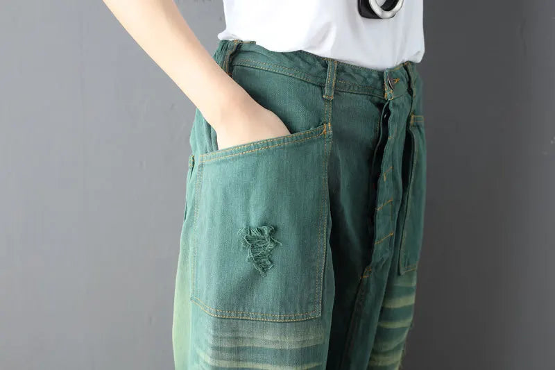 Denim Pant Women Jeans Calf Length Pants High Waist Straight Trousers Y2k Streetwear Elegant Mom Jeans Casual Hole Loose 2025 Aviola