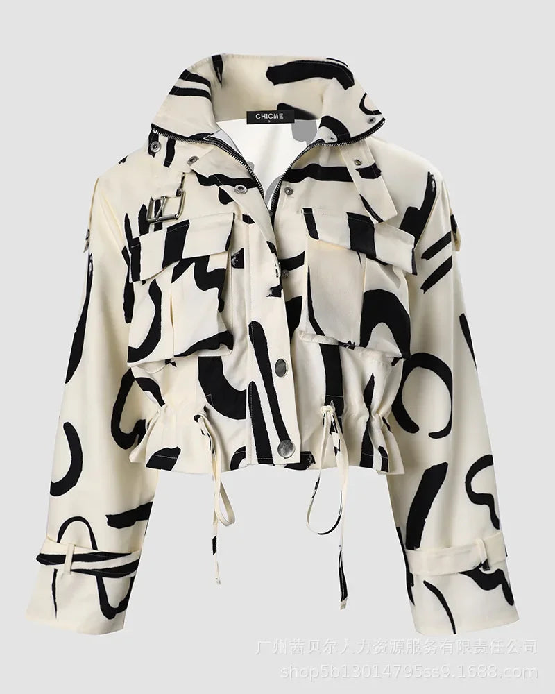2023 Autumn Women Geometric Jackets Tops Vintage Print Long Sleeve Button Jacket Coat Ladies Leisure Outerwear Short Tops Aviola