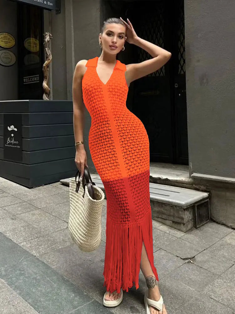 Nibber Tassel Mesh Patchwork Dress Women Solid See Through Sexy Sheath Y2K Casual Summer Trend Midnight Clubwear Party Vestidos Aviola