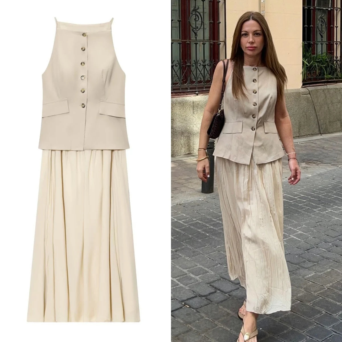 UNIZERA 2025 Summer New Arrivals Women's Wear Single-Breasted Small Pleated Skirt Midi Vest Splicing Dress Aviola