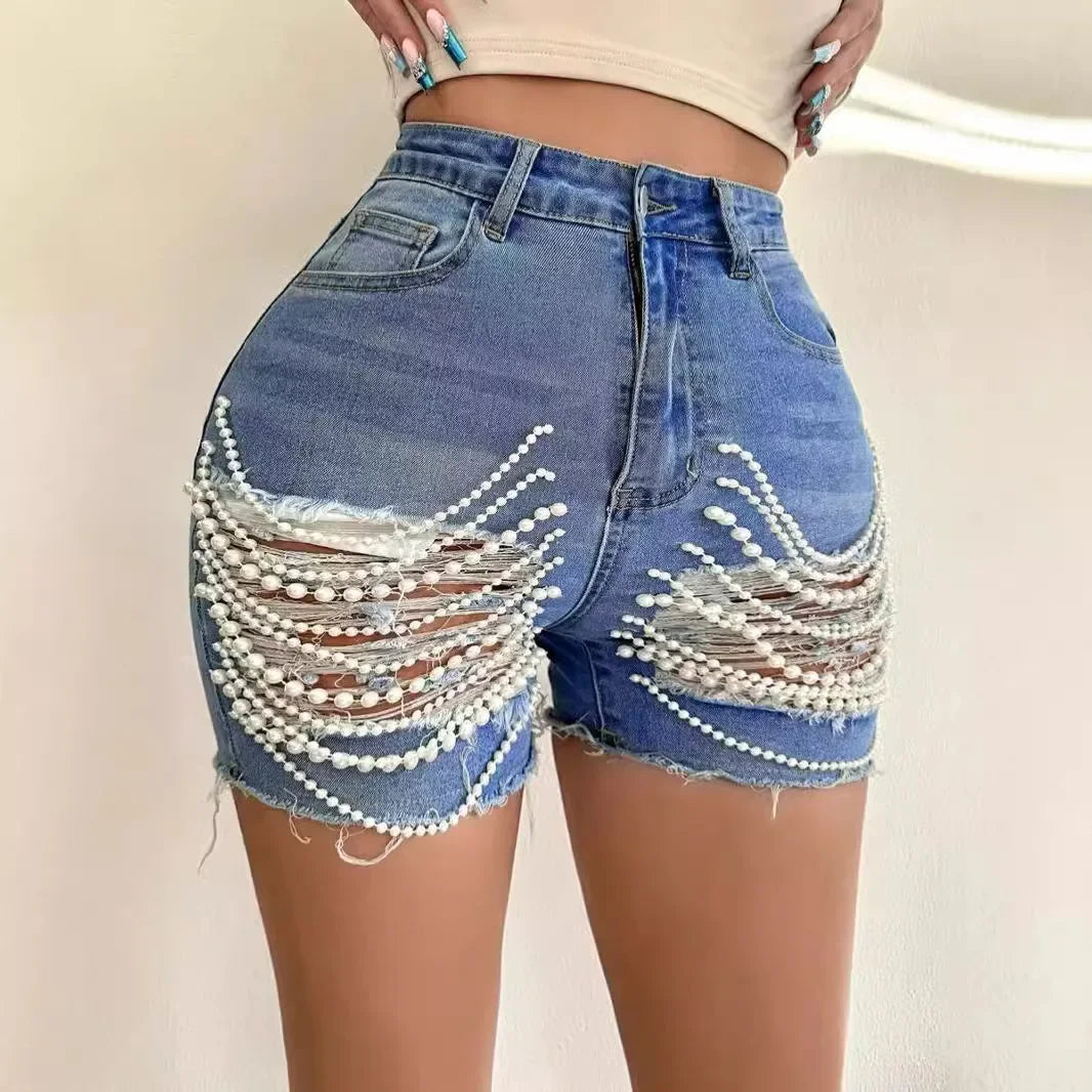 Denim Shorts Women Hole Jeans Ripped Pearl Chain Pockets Sexy Mom Vintgae Party Short Pants High Waist Denims Streetwear 2025 Aviola