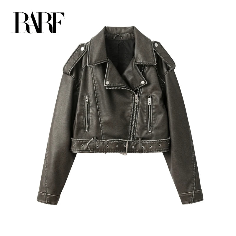 RARF 2024New Coal graysty le Women's washed leather jacket with belt, short coat with downgraded zipper and vintage lapel jacket Aviola
