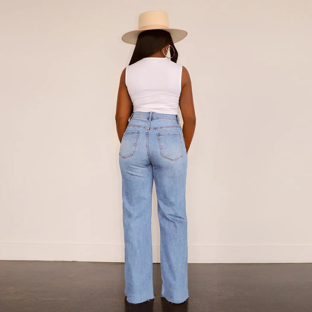 Women Jeans Ankle Length Holes Loose Flat Straight Pants Zipper Fly Pockets Solid Color High Street Slight Strech Denim Aviola
