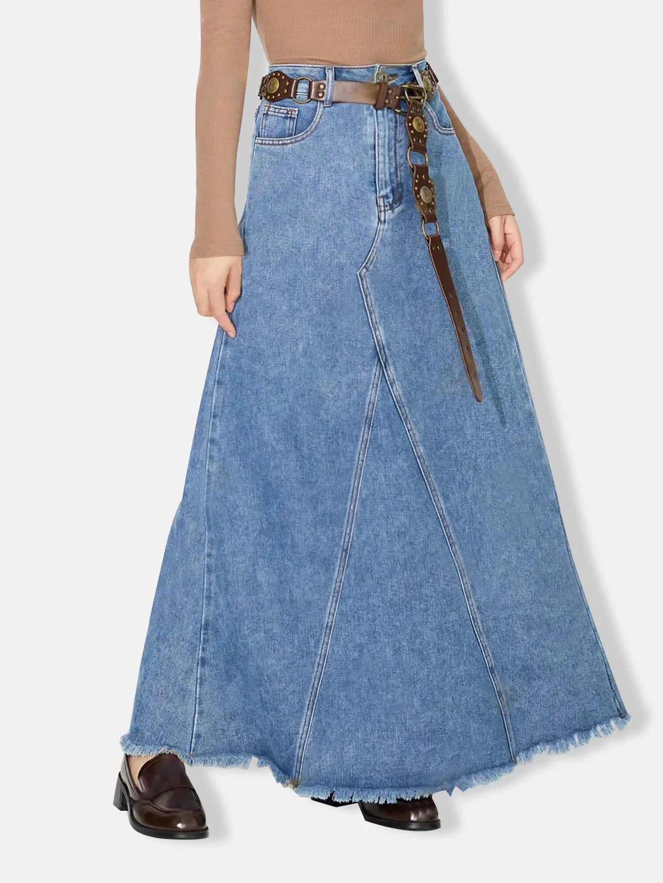 Denim Skirt Women Vintage Long Skirts High Waist Distressed Washed Button Pockets Summer Mom Jeans Y2k A Line Streetwear 2025 Aviola