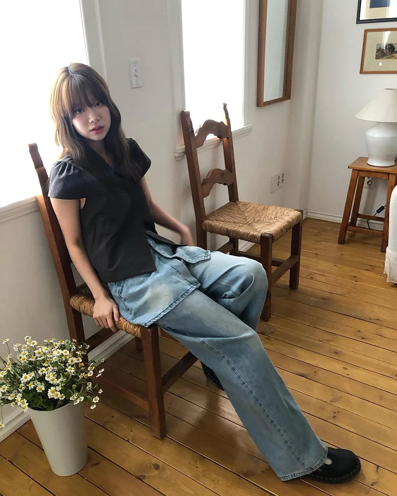 MEXZT Vintage Black Shirts Women Japanese Harajuku White Cropped Puff Short Sleeve Blouses Summer Korean Casual Design Tops New Aviola