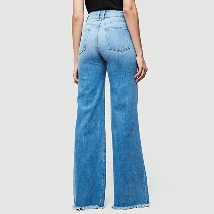 Women Washed Jeans Flare Pants Denim Mid Waist Vintage Denims Pockets Button Basics Full Length Solid Color Casual Trousers Aviola