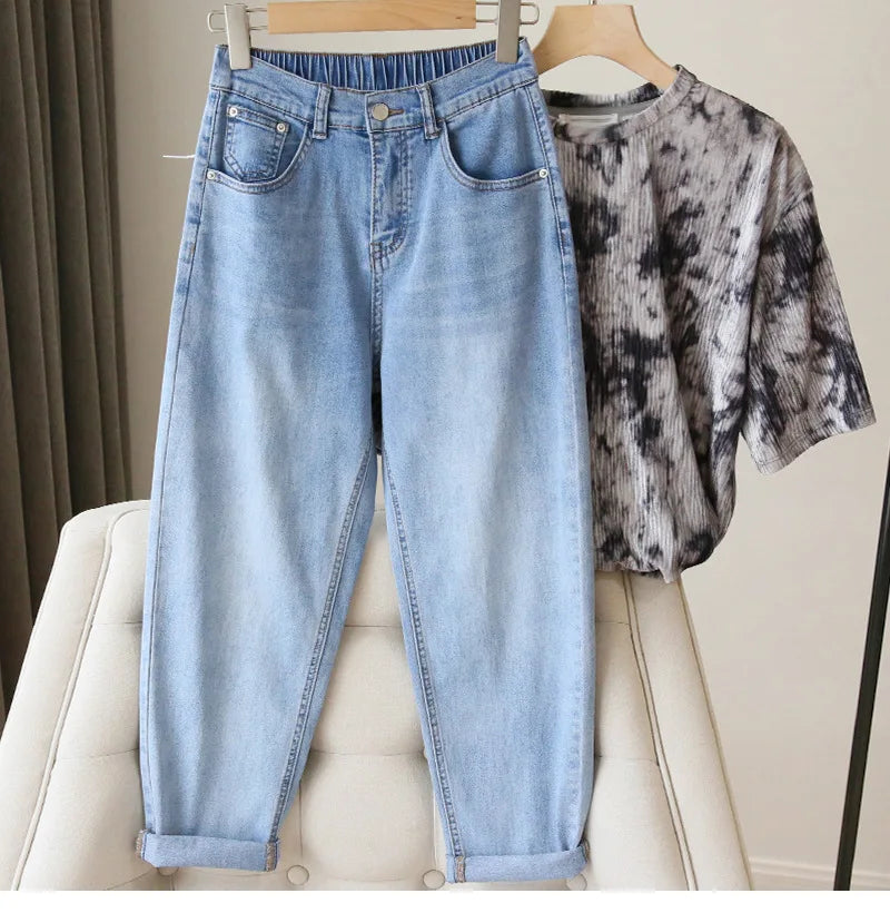 Bleached Jean Ankle Length Straight Denim Pants Women Harem Jeans Pockets Mid Waist Loose Fit Casual Solid Washed 2024 Aviola