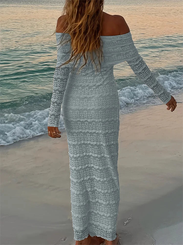 Nibber See Through Vacation Dress Women Jacquard Lapel Slash Neck Backless Full Sleeve Beach Party Elegant Chic Long Bodycon Aviola