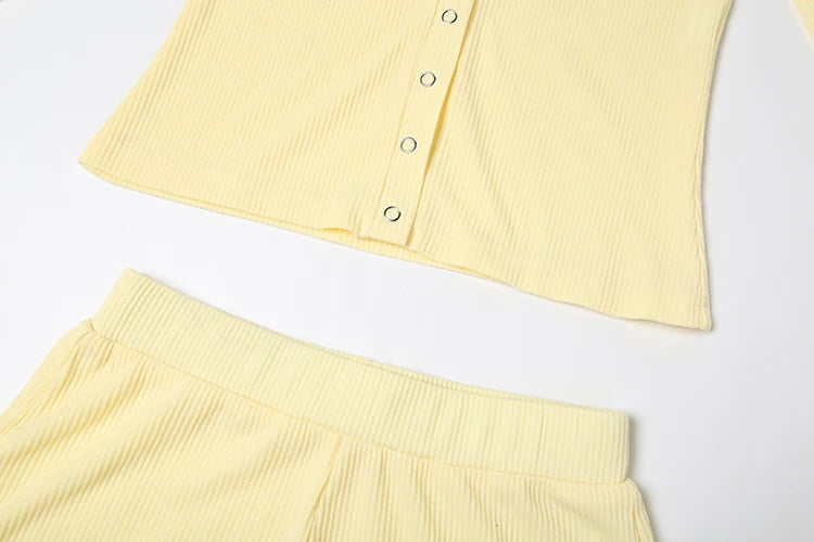 Nibber Stretch 2-Piece Set Women Single-Breasted Long Sleeves o-Neck Blouse+Basis Shorts Leisure Simple Classic Street Suits Aviola