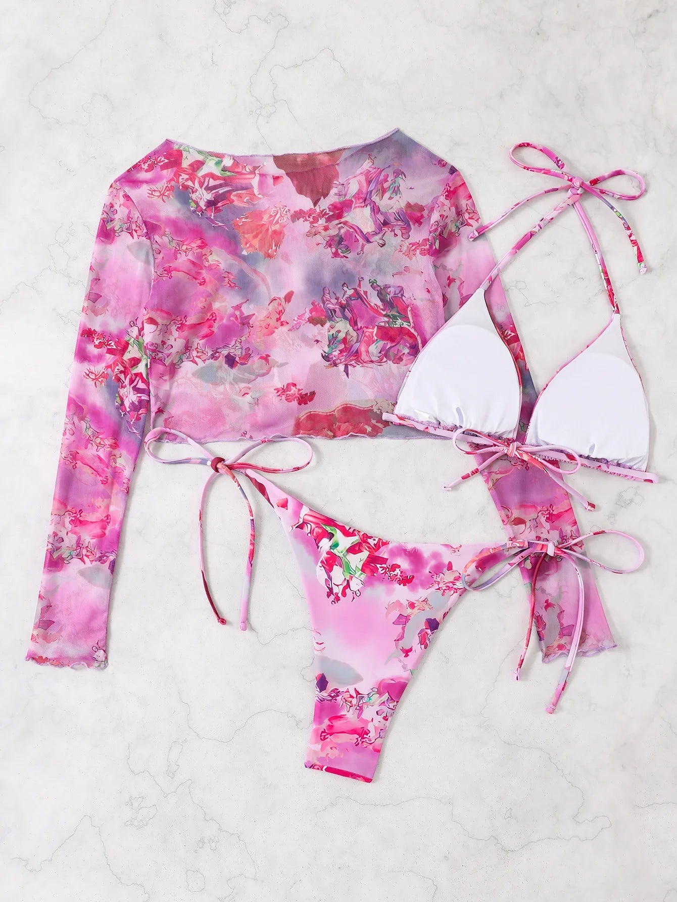 2025 New Sexy Bikini Three-piece Set Women Thong Print Swimsuit Low Waist Summer Mesh Blouse Swimming Pool Bikini Set Brazil Set Aviola