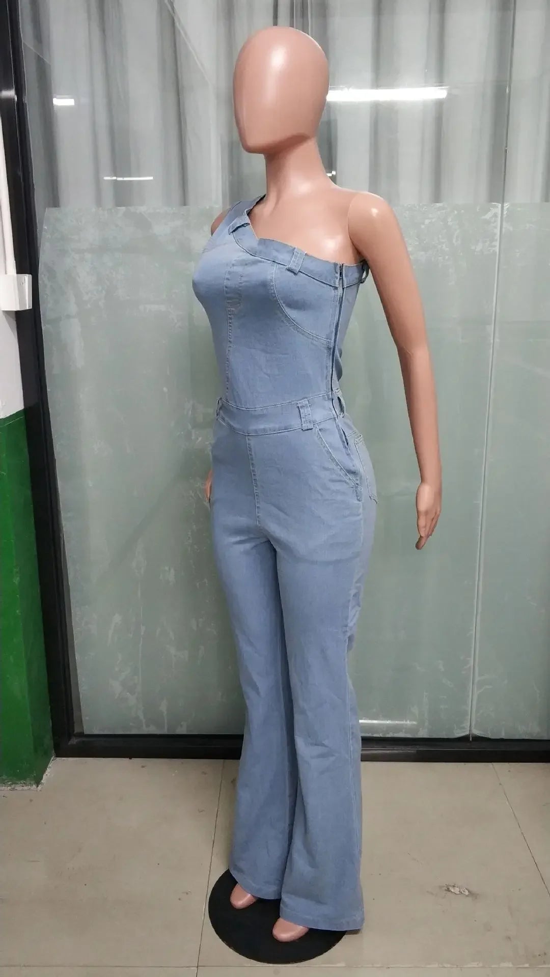 Flare Denim Pants Full Length Women Jeans One Piece Overalls Spliced Solid Jumpsuits Loose Pockets High Waist Basics Washed Aviola