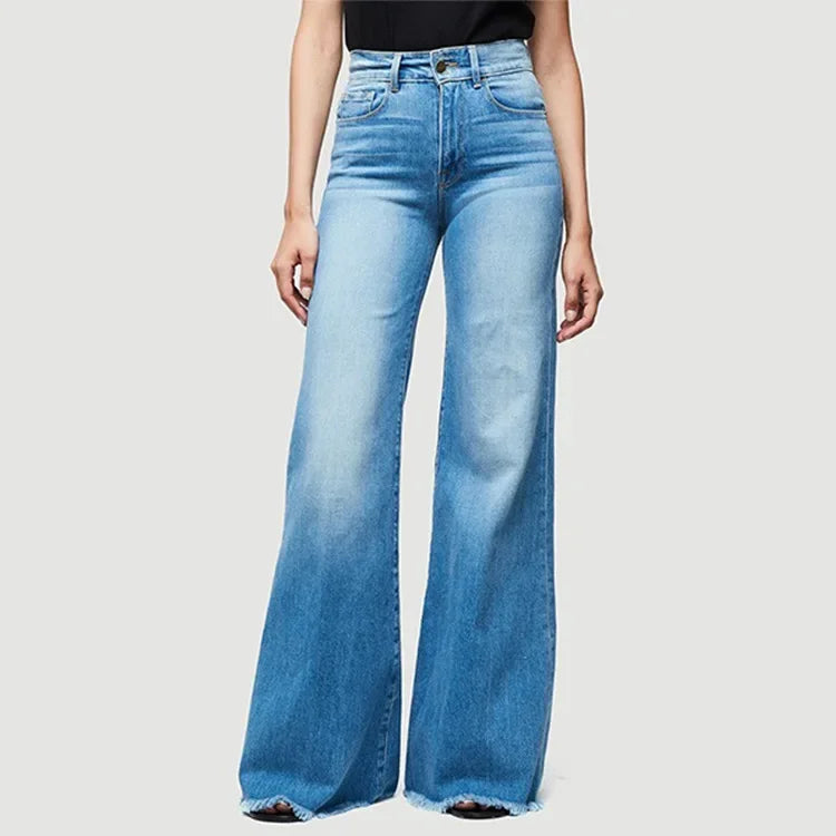 Women Washed Jeans Flare Pants Denim Mid Waist Vintage Denims Pockets Button Basics Full Length Solid Color Casual Trousers Aviola