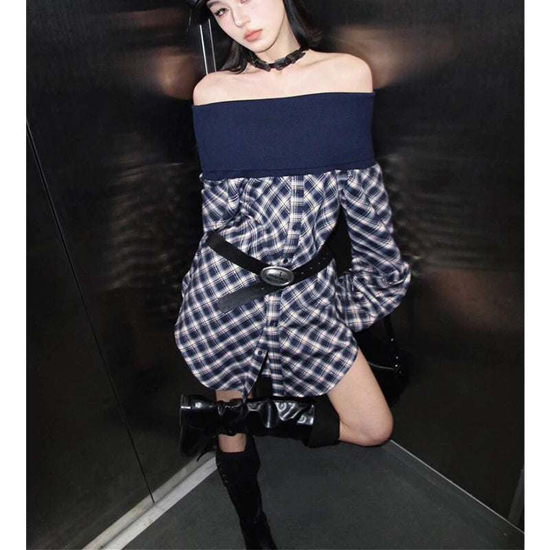 MEXZT Vintage Plaid Shirts Women Y2K Harajuku Sexy Slash Neck Patchwork Blouses Gyaru Korean Long Sleeve Casual Design Tops New Aviola