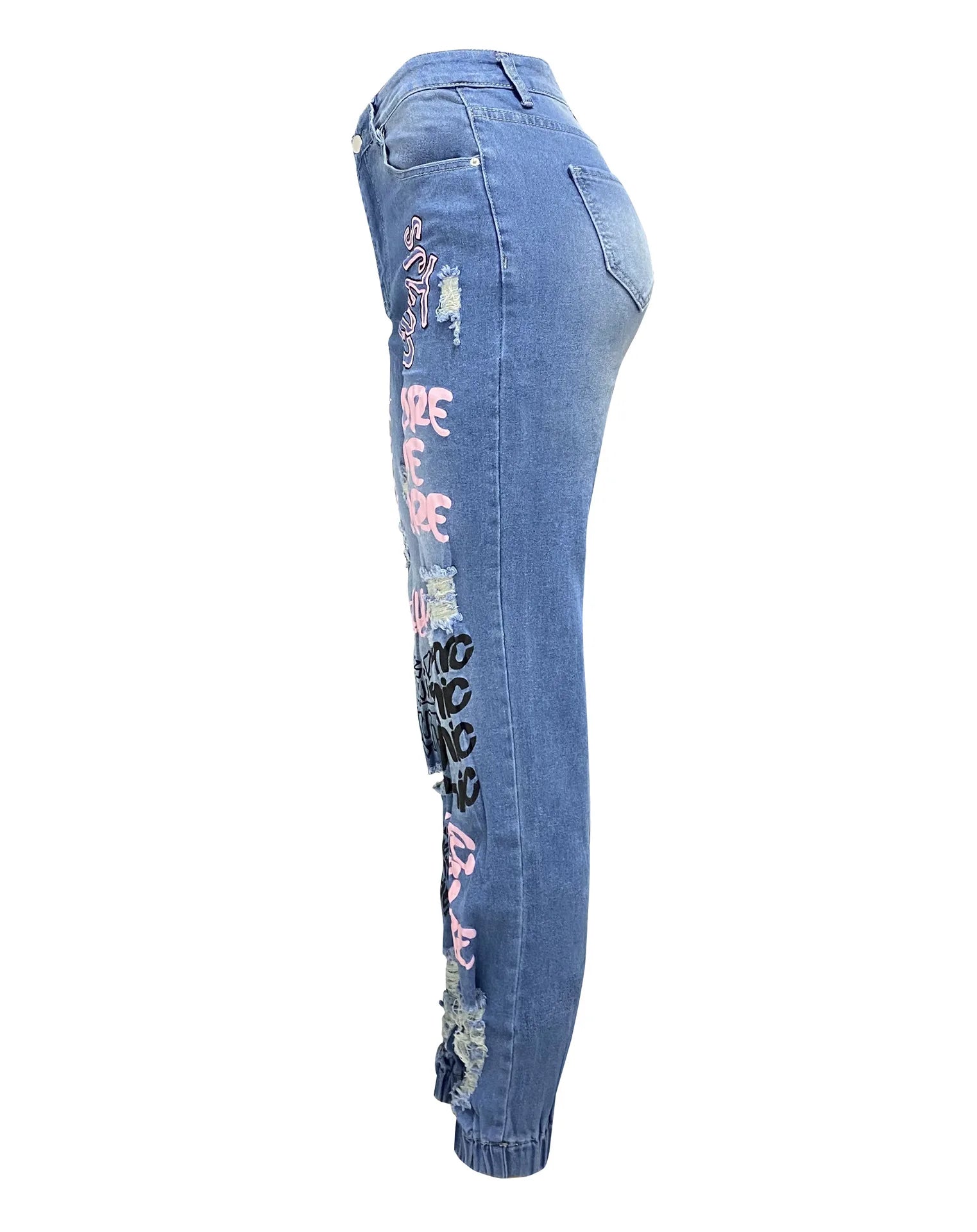 Women Denim Jeans Ankle Length Print Holes Pencil Pants Pockets Washing Slim Basics Zipper Fly Spring Flat Slight Strech Aviola