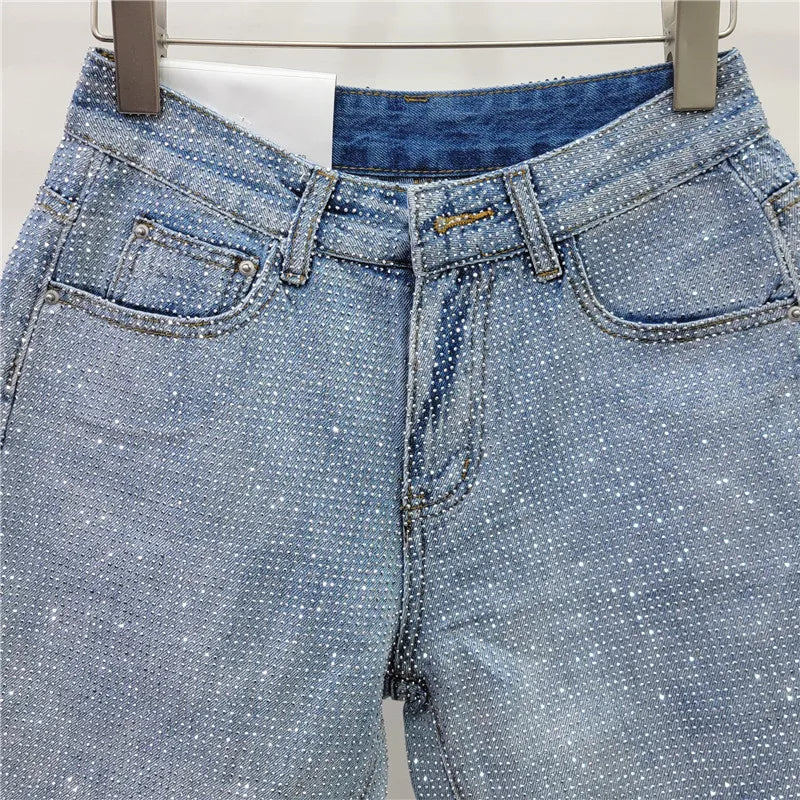 Denim Shorts Women Short Pants Diamonds High Waist Distressed Washed Y2k Punk Knee Length Streetwear Summer 2025 Straight Jeans Aviola