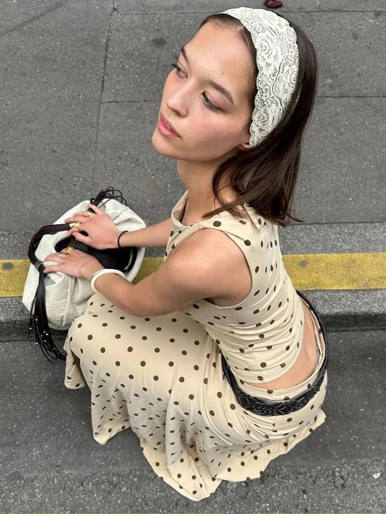 Nibber Polka Dot Print 2-Piece Set Women o-Neck Sleeveless Skinny Tops+Folds Skirts Sweet Temperament Fashion Matching Suits Aviola
