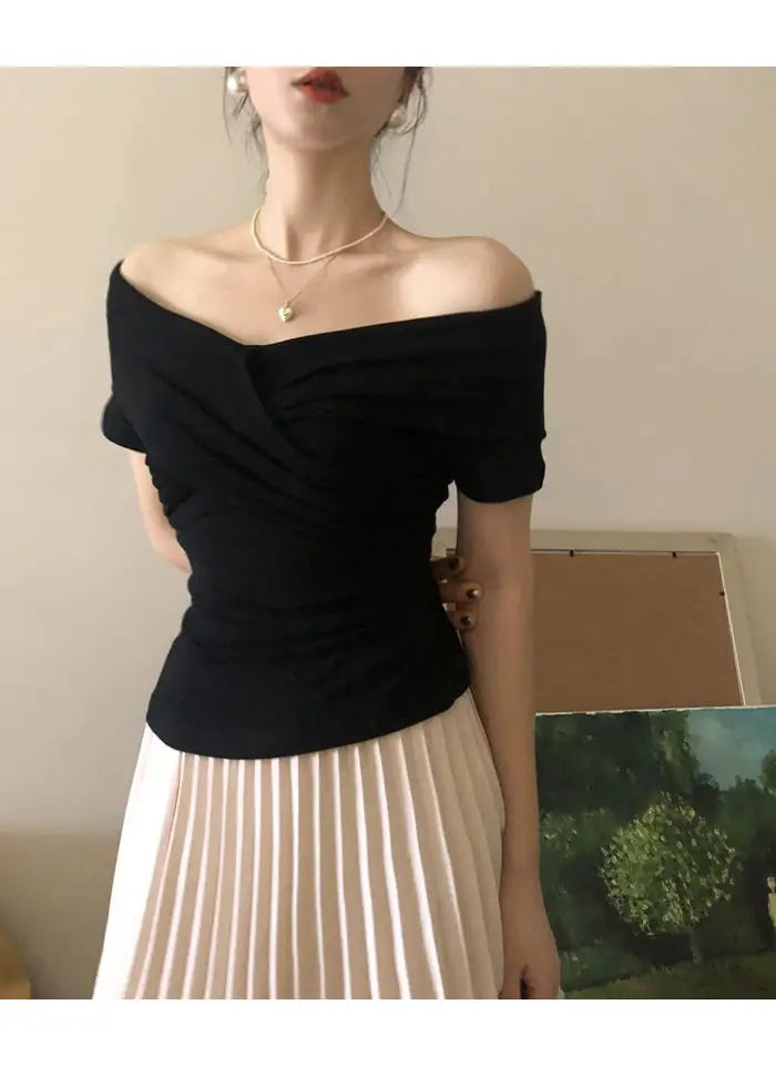 MEXZT Vintage Slash Neck T Shirts Women Streetwear Sexy Cross White Crop Tops Summer Korean Elegant Short Sleeve Design Tees New Aviola