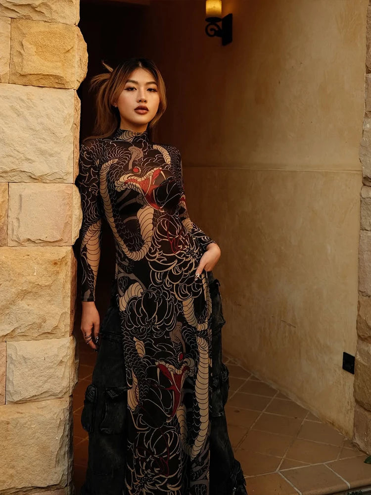 Nibber See Through Blouse Women Snake Print Half-High Neck Long Sleeves High Slits High Elasticity Street Skinny Trend Long Tops Aviola