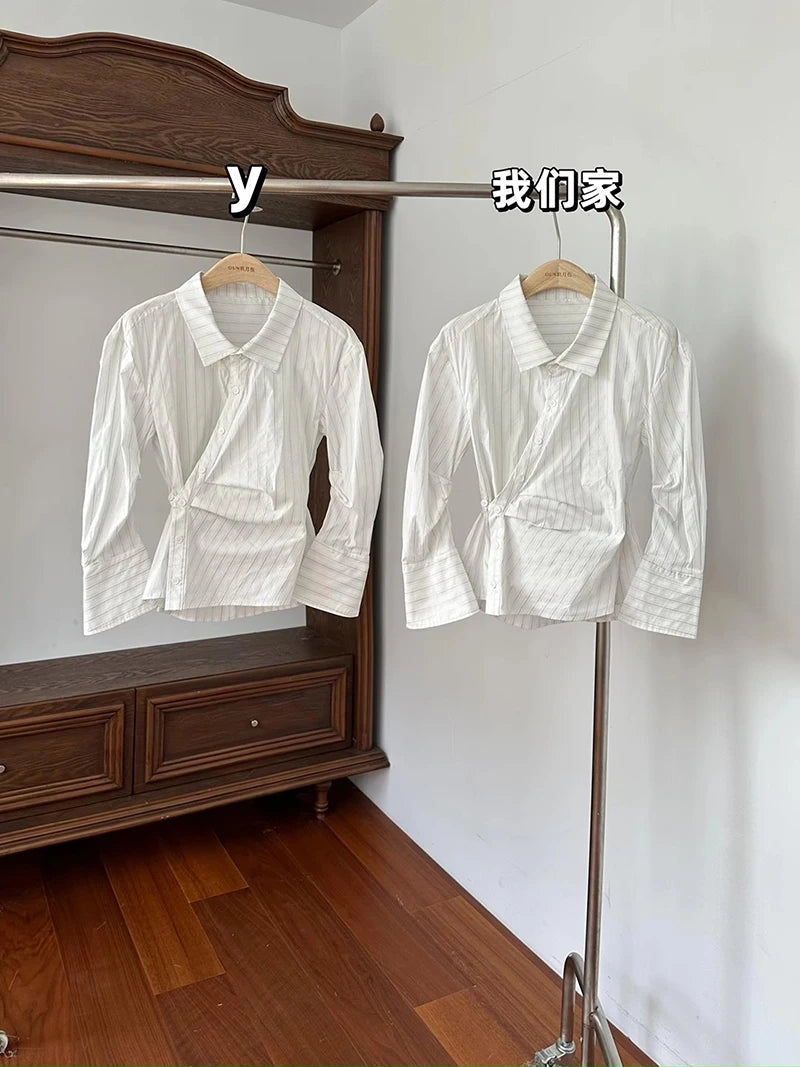 MEXZT Elegant Striped Shirts Women Vintage Irregular Long Sleeve Blouses Office Ladies Korean Chic Buttons Slim Design Tops New Aviola