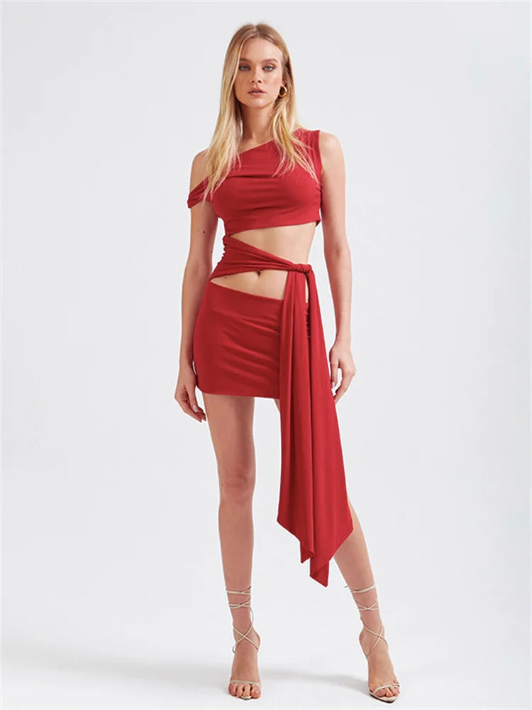 Nibber Irregular Hollow Dress Women Knot Off-The-Shoulder Bandage Biased Collar Sexy Fit Sleeveless Solid Midnight Mini Bodycon Aviola