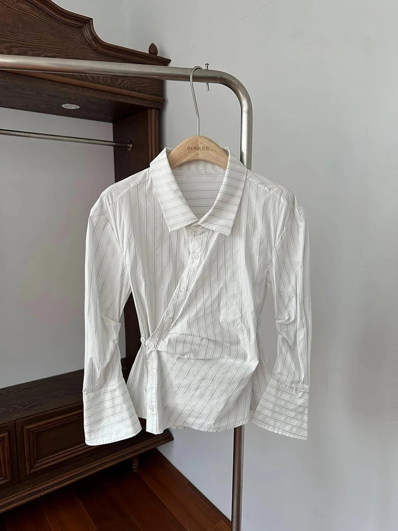 MEXZT Elegant Striped Shirts Women Vintage Irregular Long Sleeve Blouses Office Ladies Korean Chic Buttons Slim Design Tops New Aviola