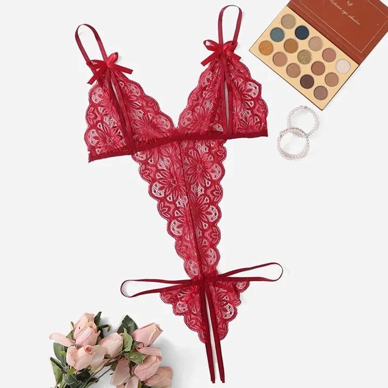 Sexy Lingerie Women Mesh Lace Floral Open Bra Set Porno Costumes Deep V Neck Crotchless Babydoll Dress Hot Erotic Underwear Set Aviola