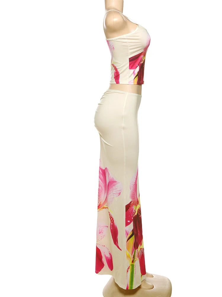 Nibber Vacation Flower Print 2 Piece Set Women Low-Neck Trend Backless Crop Tops+Stretch Long Skirts Trend Beach Style Outfits Aviola