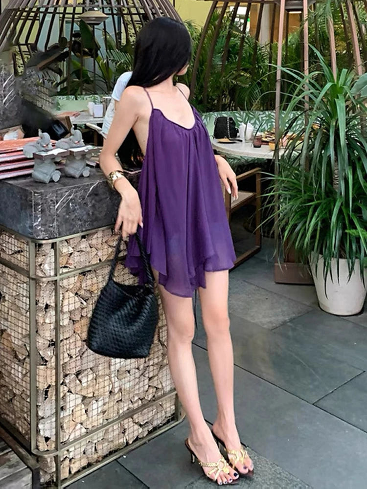 Nibber Backless Dress Women Low-Neck Folds Sleeveless Mesh Solid Summer Fashion Beach Party Vacation Simple Sexy Mini Bodycon Aviola